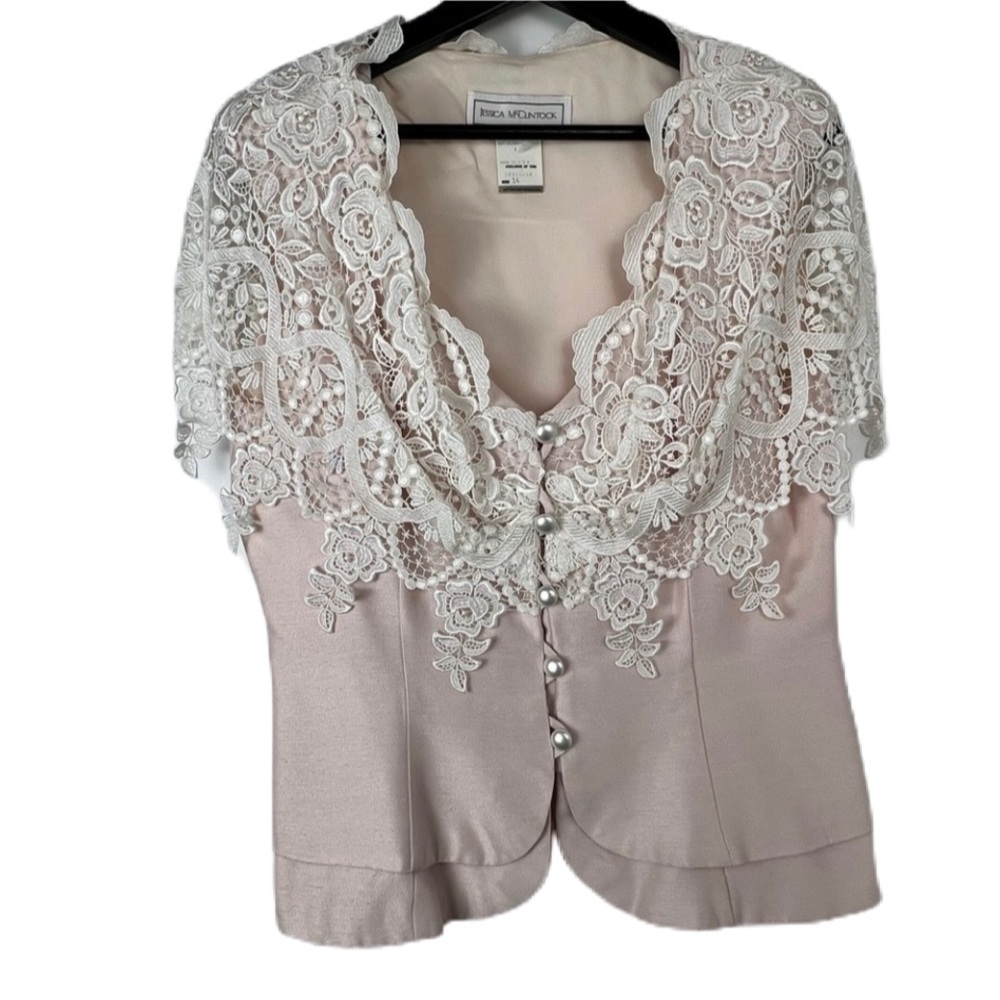 Vintage Jessica McClintock Sleeveless Crochet Lace Overlay Top sz 14 Pale Pink